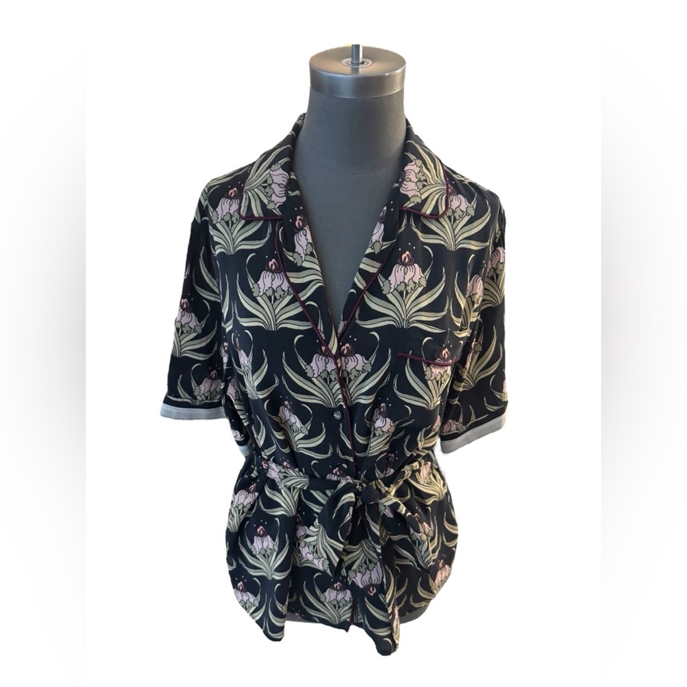 Markus Lupfer Floral Silk Pajama Shirt Belt Medium - Picture 2 of 13